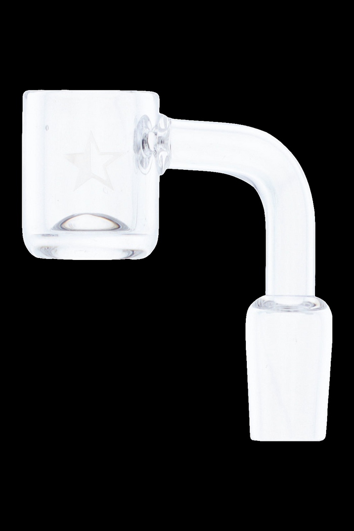 Close-up side view of a clear glass Famous X Replacement Banger with a 90-degree bent neck and subtle star etching on the bucket.