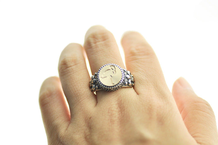 Flamingo Signet Ring - Backtozero B20 - 12f, 12mm, 12mm ring, accessory, Bird, flamingo, Fleur de Lis, him, jewelry, ring, signet ring, size 10, size 11, size 8, size 9, wax seal, wax seal ring, wax seal stamp