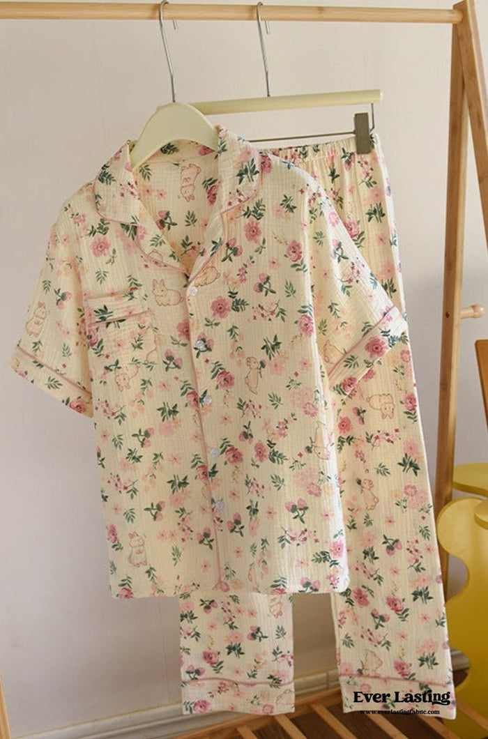 Floral Garden Short Sleeves and Pants Cotton Pajama Set / Beige - Ever Lasting