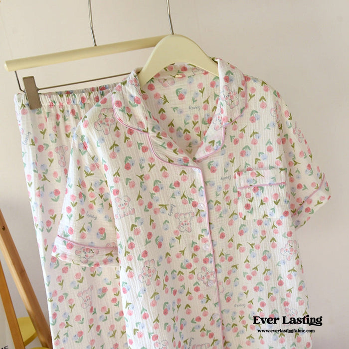 Floral Garden Short Sleeves and Pants Cotton Pajama Set / Beige - Ever Lasting