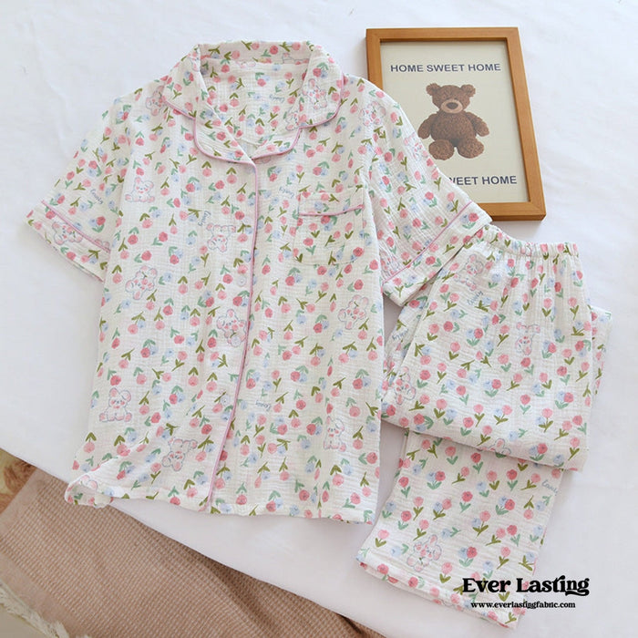 Floral Garden Short Sleeves and Pants Cotton Pajama Set / Beige - Ever Lasting