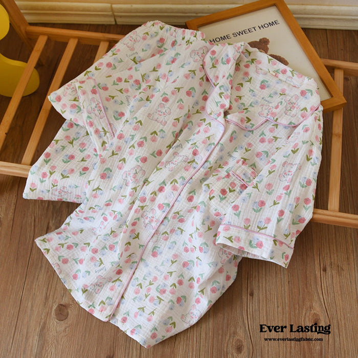Floral Garden Short Sleeves and Pants Cotton Pajama Set / Beige - Ever Lasting