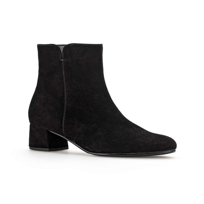 Women's black suede ankle boots with block heel and side elastic panels