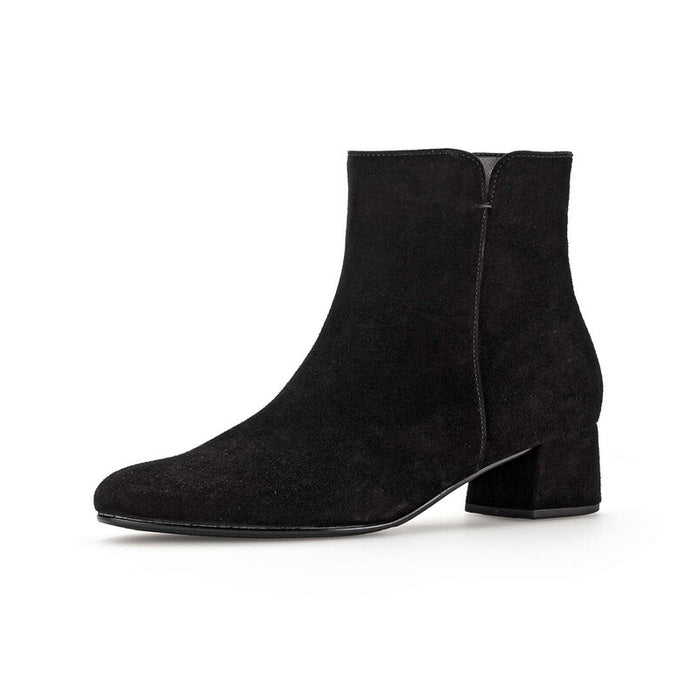 Women's black suede ankle boots with block heel and pull-on elastic sides