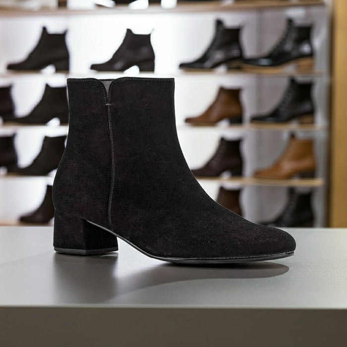Women's black suede ankle boots with block heel and side elastic seam