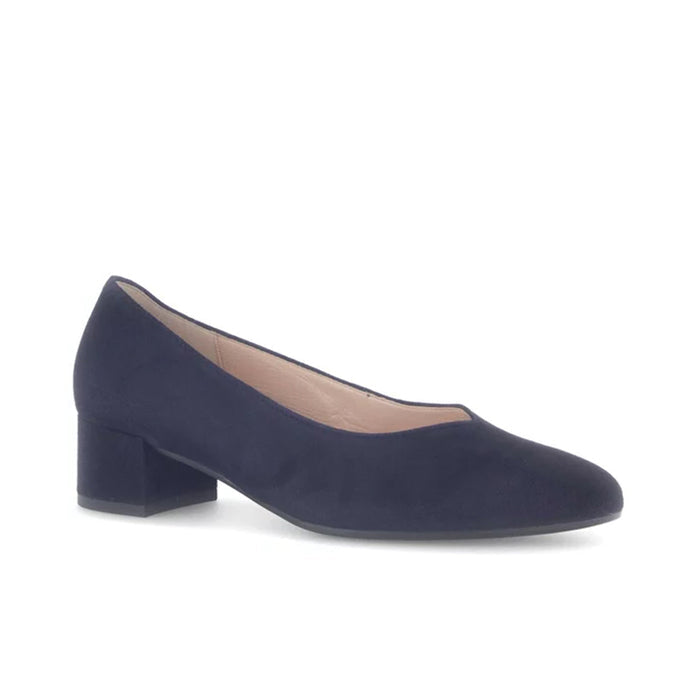 Blue leather women's court pump with low block heel, almond toe