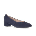 Blue leather women's court pump with low block heel, almond toe