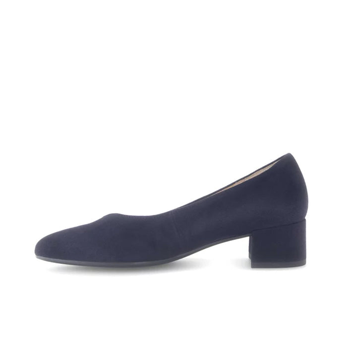 Blue leather court pump with mid-height block heel, pointed toe