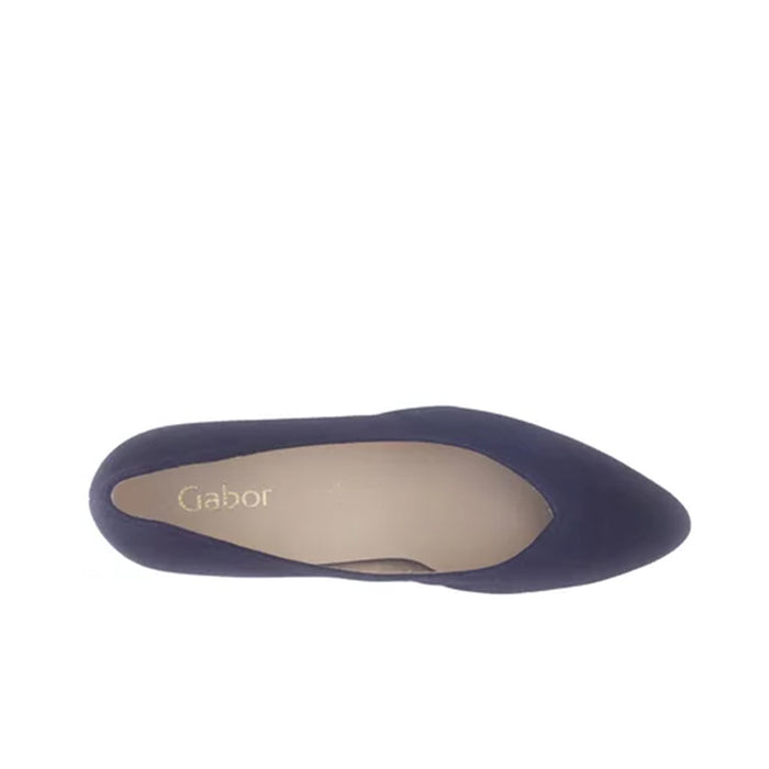 Blue leather pump interior showing insole logo, almond toe