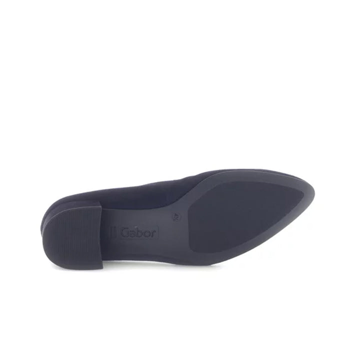 Blue leather women's court pump outsole view with block heel