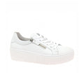 Women’s white leather sneakers with lace-up and side zipper detail, platform sole