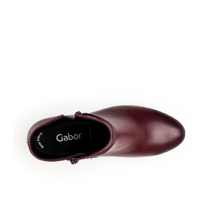 Women’s burgundy leather ankle boots with Gabor-branded lining and side zip entry