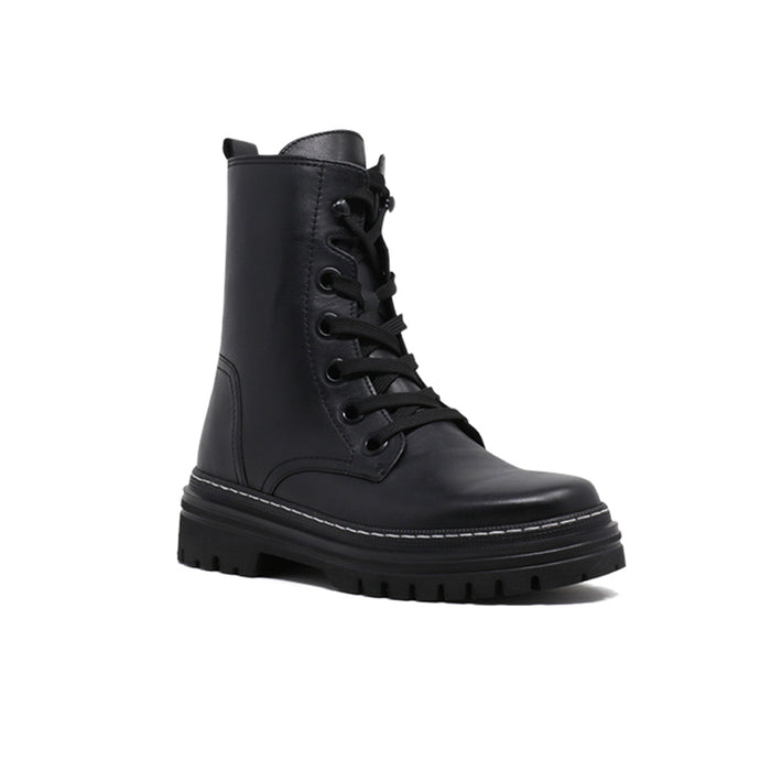 Black leather lace-up ankle boot with padded collar and lug sole