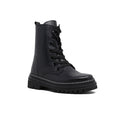 Black leather lace-up ankle boot with padded collar and lug sole