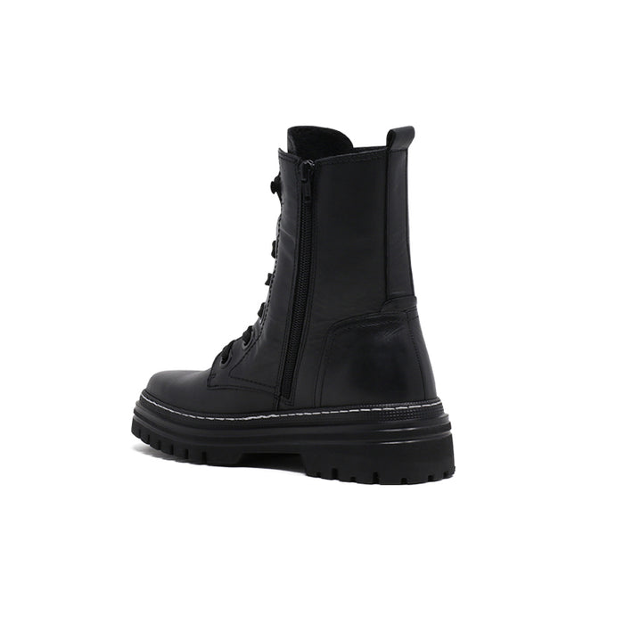 Black leather side-zip ankle boot with lace-up front and lug sole
