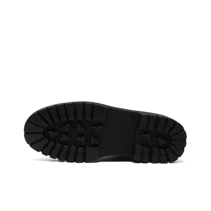 Black boot outsole with deep tread and embossed detailing