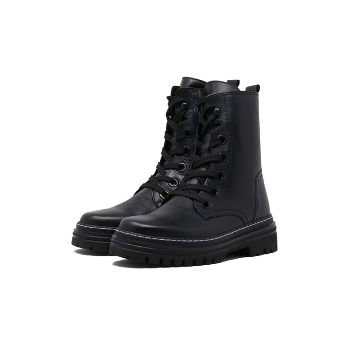 Black leather lace-up ankle boot with rear pull tab and chunky lug sole