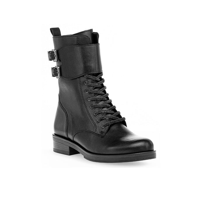 Black leather ankle boots with lace-up front and buckle straps, low block heel