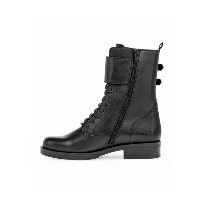 Black leather lace-up ankle boot with side zipper and low stacked heel