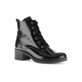 Black leather ankle boots with lace-up front and block heel