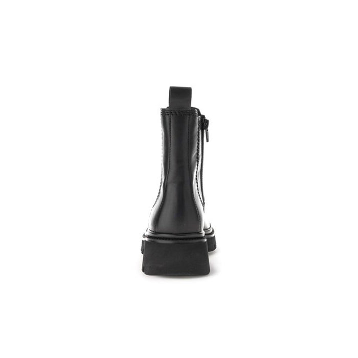 Black leather Chelsea boots with pull tab at back and stacked block heel