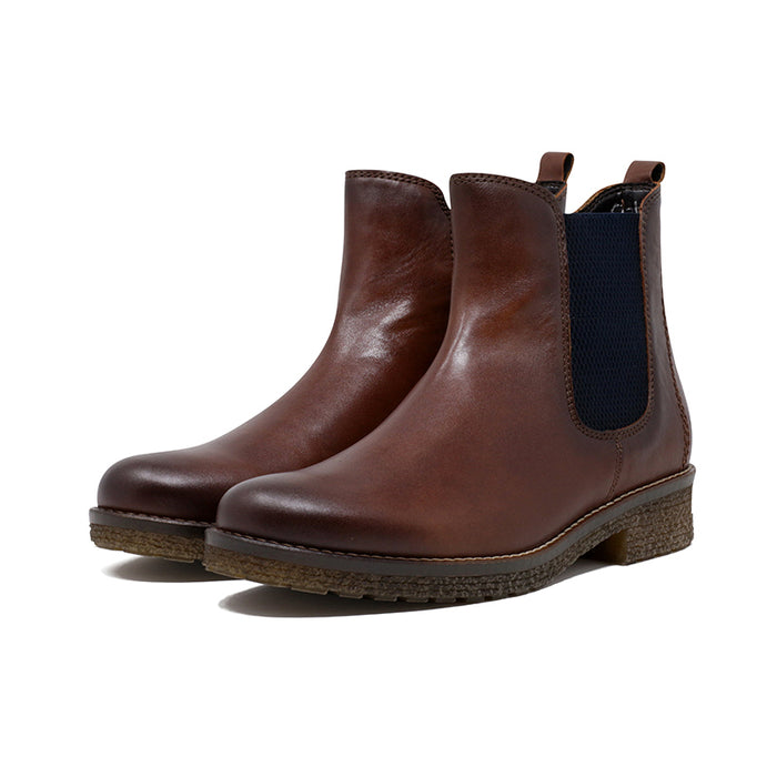 Pair of brown leather ankle boots with elastic side gore and capped toe
