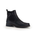 Black leather ankle boot with side Chelsea panel and buckle strap detail