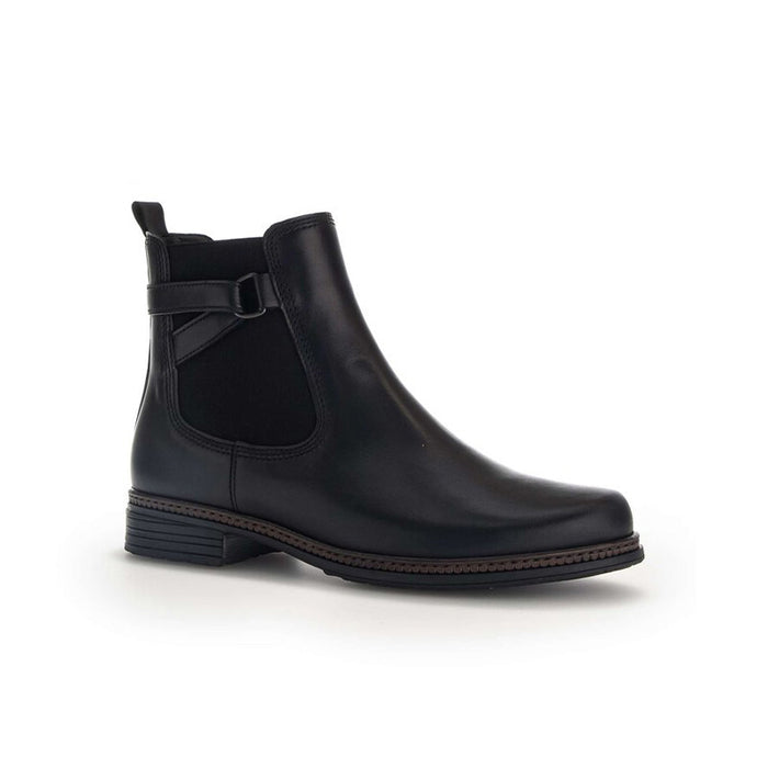 Black leather ankle boot with side Chelsea panel and buckle strap detail