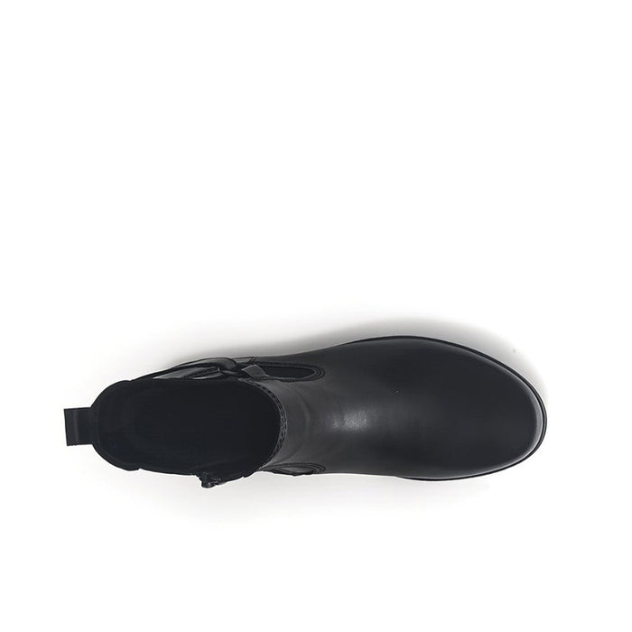 Black leather ankle boot toe profile with pull tab detail