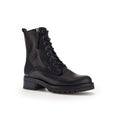 Black leather women's ankle boots with side zip, lace-up front, and low block heel