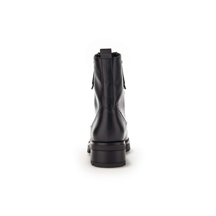 Black leather women's ankle boots with back seam, lace-up front, and low block heel