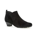 Black suede ankle boots with block heel and side pull tab