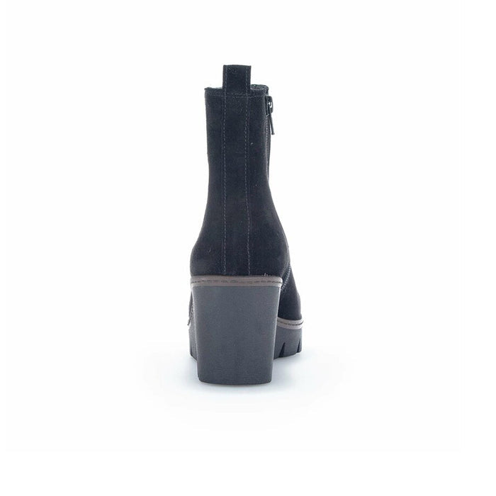 Black leather ankle boots with stacked block heel and side zipper