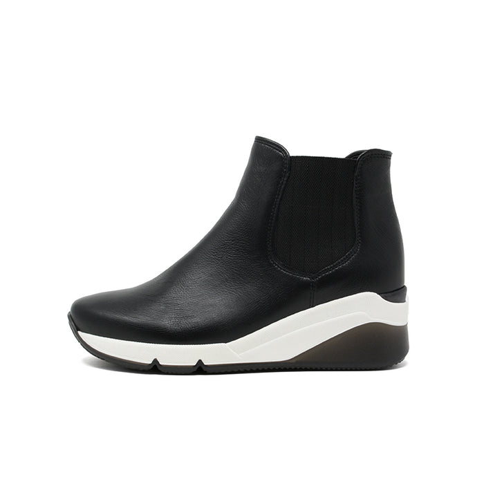 Black leather Chelsea ankle boot with elastic side panels and white sole