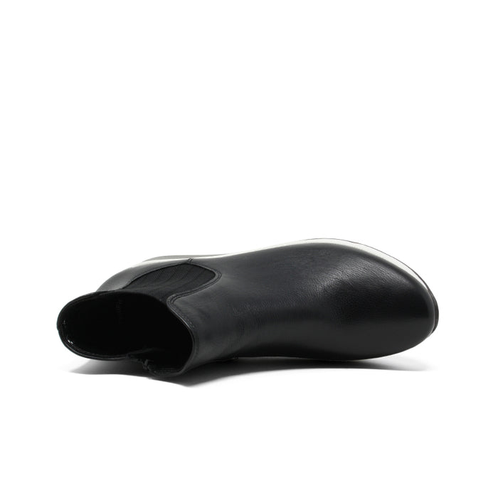 Black leather ankle boot with rounded toe and visible inner lining