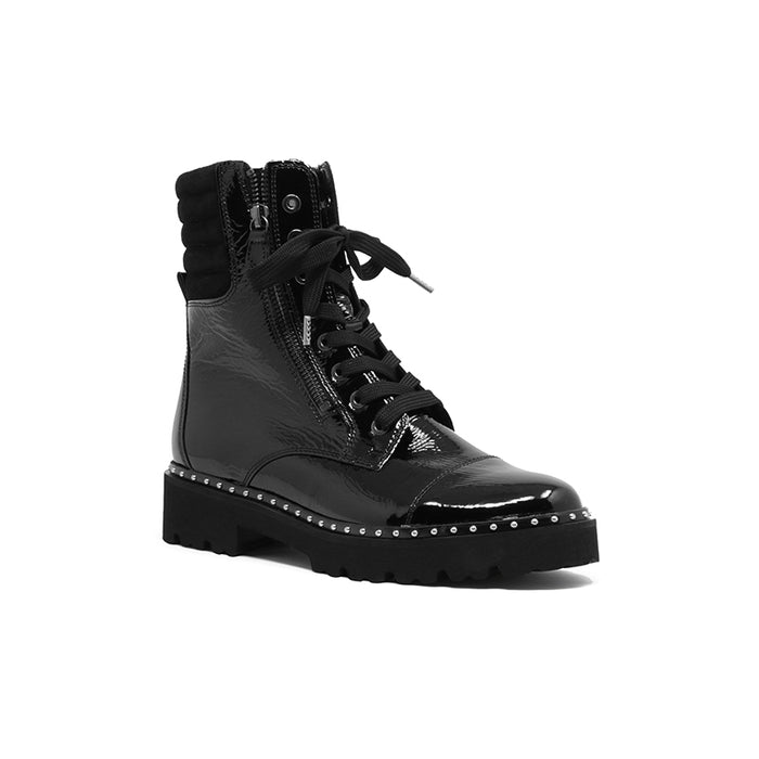 Black leather ankle boots with lace-up front and studded trim, chunky sole