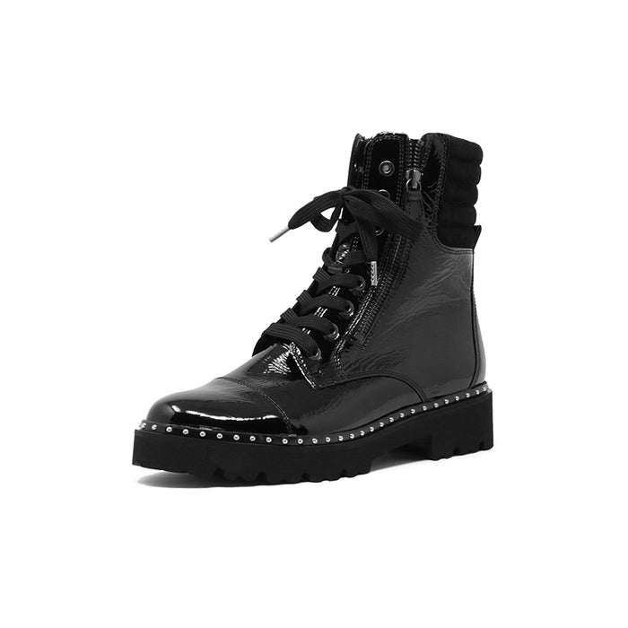 Black glossy leather lace-up ankle boots with side zipper tab and studded trim