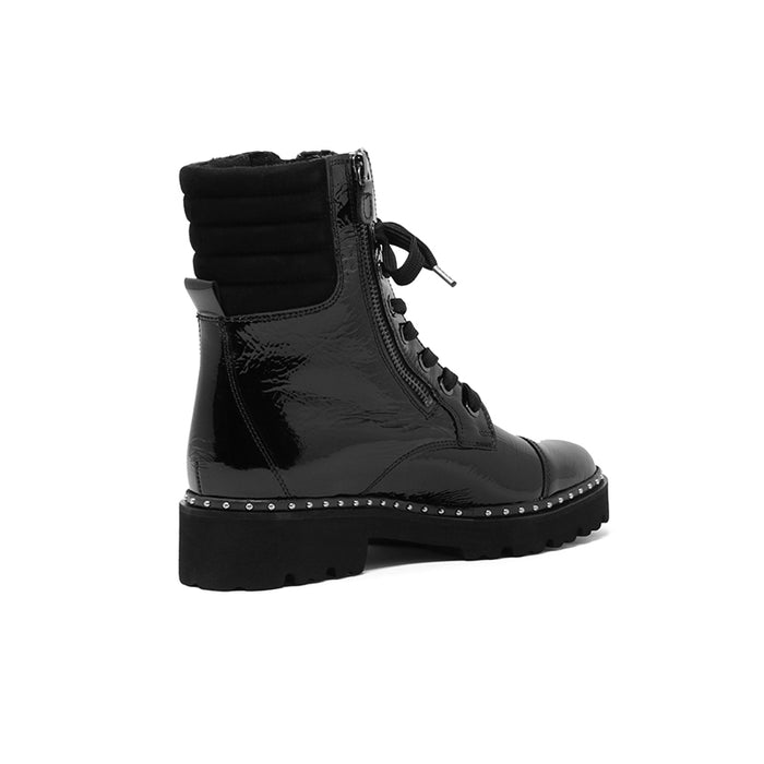 Black leather lace-up ankle boots with wide cuff and chunky tread sole