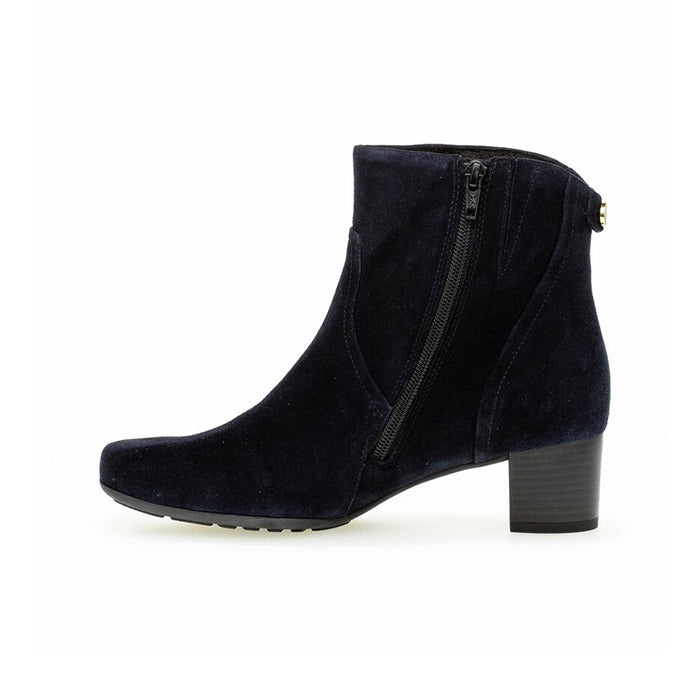 Dark blue suede heeled ankle boot with side zipper and block heel