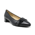 Women's black leather slip-on pumps with twisted bow detail and low block heel