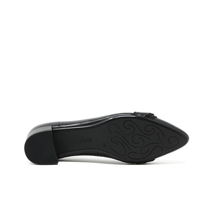 Women's black leather pumps outsole view with patterned tread and low block heel