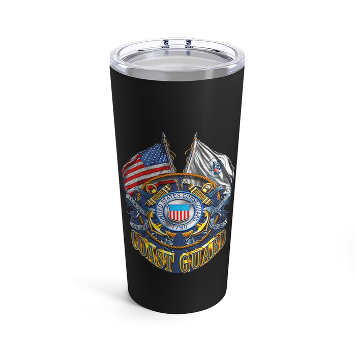 Guardians of the Coast: 20oz Black Tumbler with Military Design - 'Double Flag Coast Guard