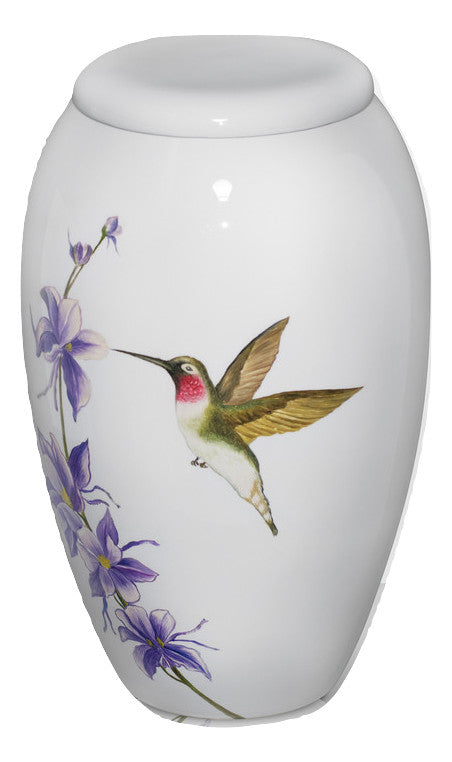 Hand Painted Hummingbird on White Cremation Urn
