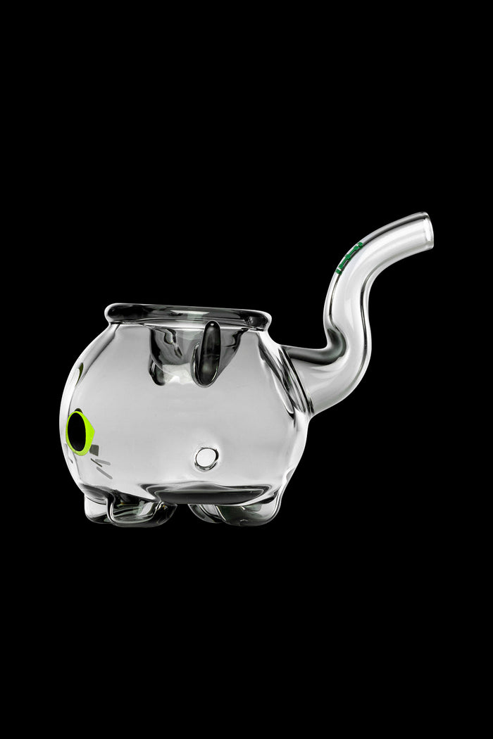 Clear glass oil rig shaped like a cartoon monster with a curved mouthpiece, isolated on a black background.