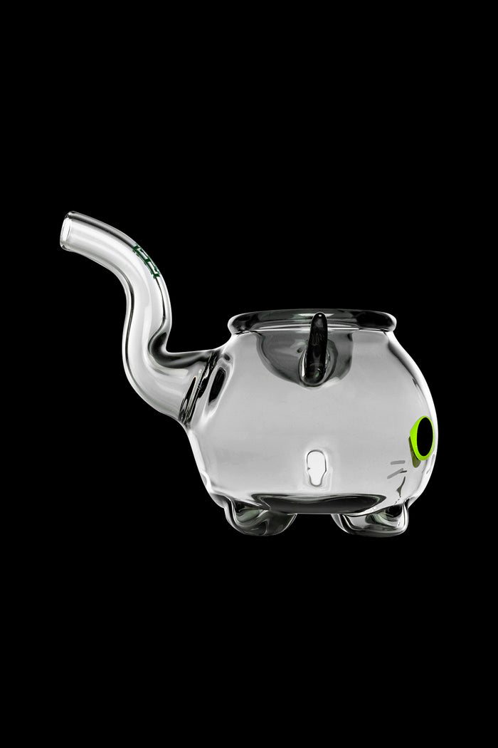 Clear glass water pipe shaped like a frog with green accents, isolated on a black background.