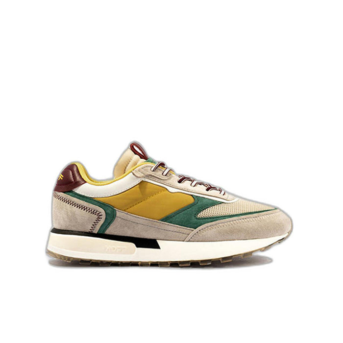 Men's casual leather sneakers, grey with yellow and green panels, lace-up