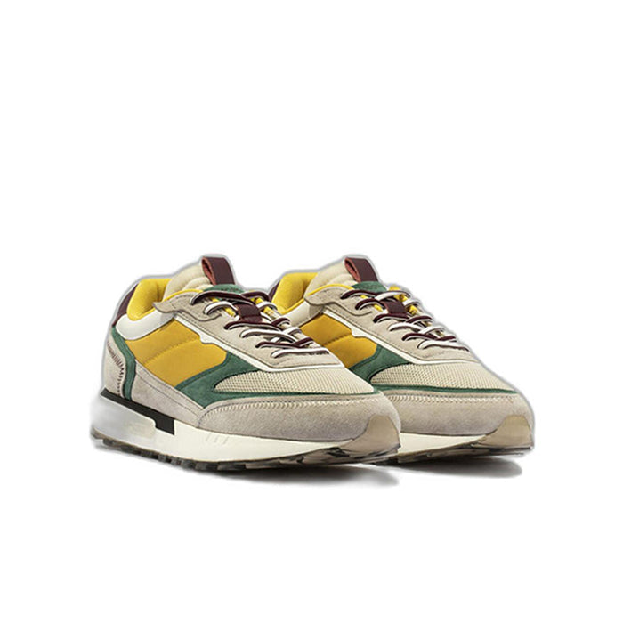 Men's lace-up sneakers, grey upper with yellow, green, and dark red accents