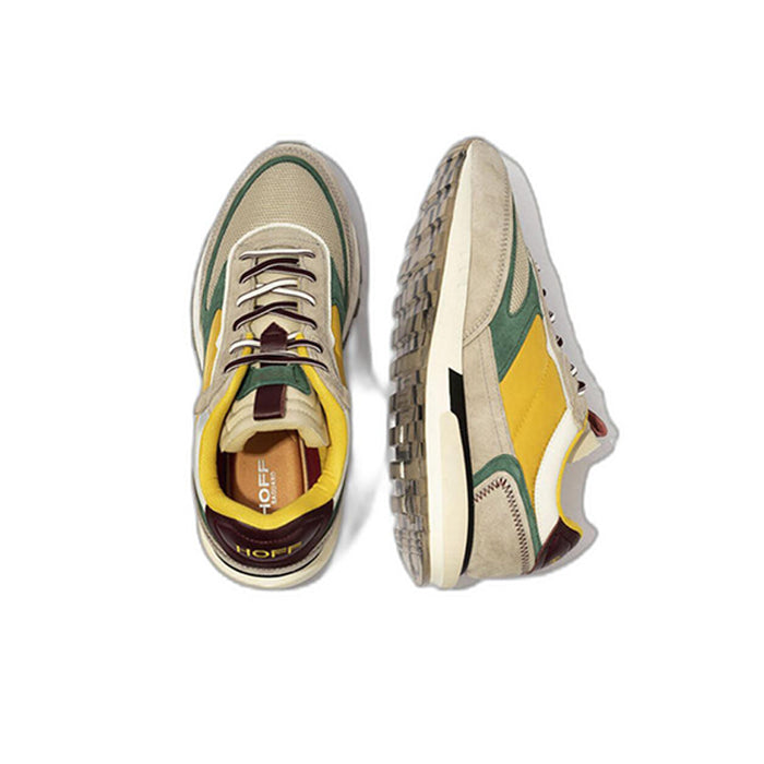Men's sneakers pair, grey with green trim and yellow lining, side and heel views