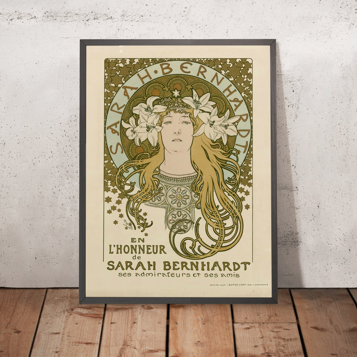 A framed image of In Honour of Sarah Bernhardt: Her Admirers and Friends by Alphonse Mucha, 1896