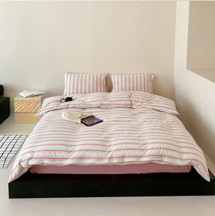 Jersey Knit Stripe Bedding Set / White Pink - Ever Lasting